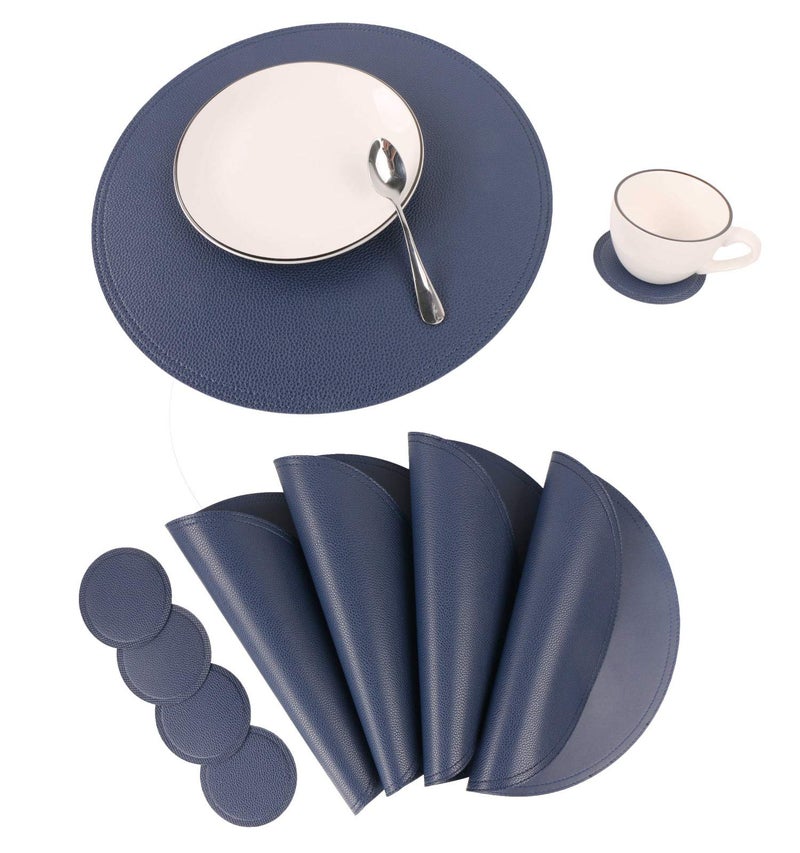 Jovono Navy Faux Leather Round Placemats and Coasters, Coffee Mats Kitchen Table Mats, Waterproof, Easy to Clean for Round Table, Dining Table - Image 1